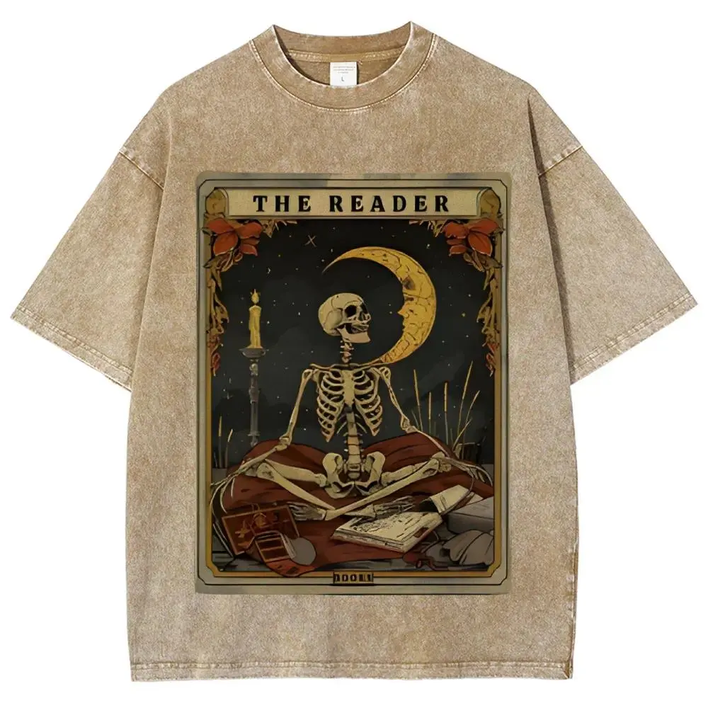 Vintage Tarot Card Print T-Shirt - "The Reader" Skeleton Design, Loose Fit, Washed Texture, Short Sleeve Crew Neck Top for Women, Casual Summer Wear, Street Style Fashion|Skeleton Graphic Tee|Washed Texture