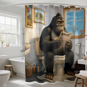 1PC Funny Gorilla Shower Curtain, Gorilla Print Pattern, Reading Newspaper, Bathroom Curtain, Waterproof Shower Curtain Set, Perforated with Hook