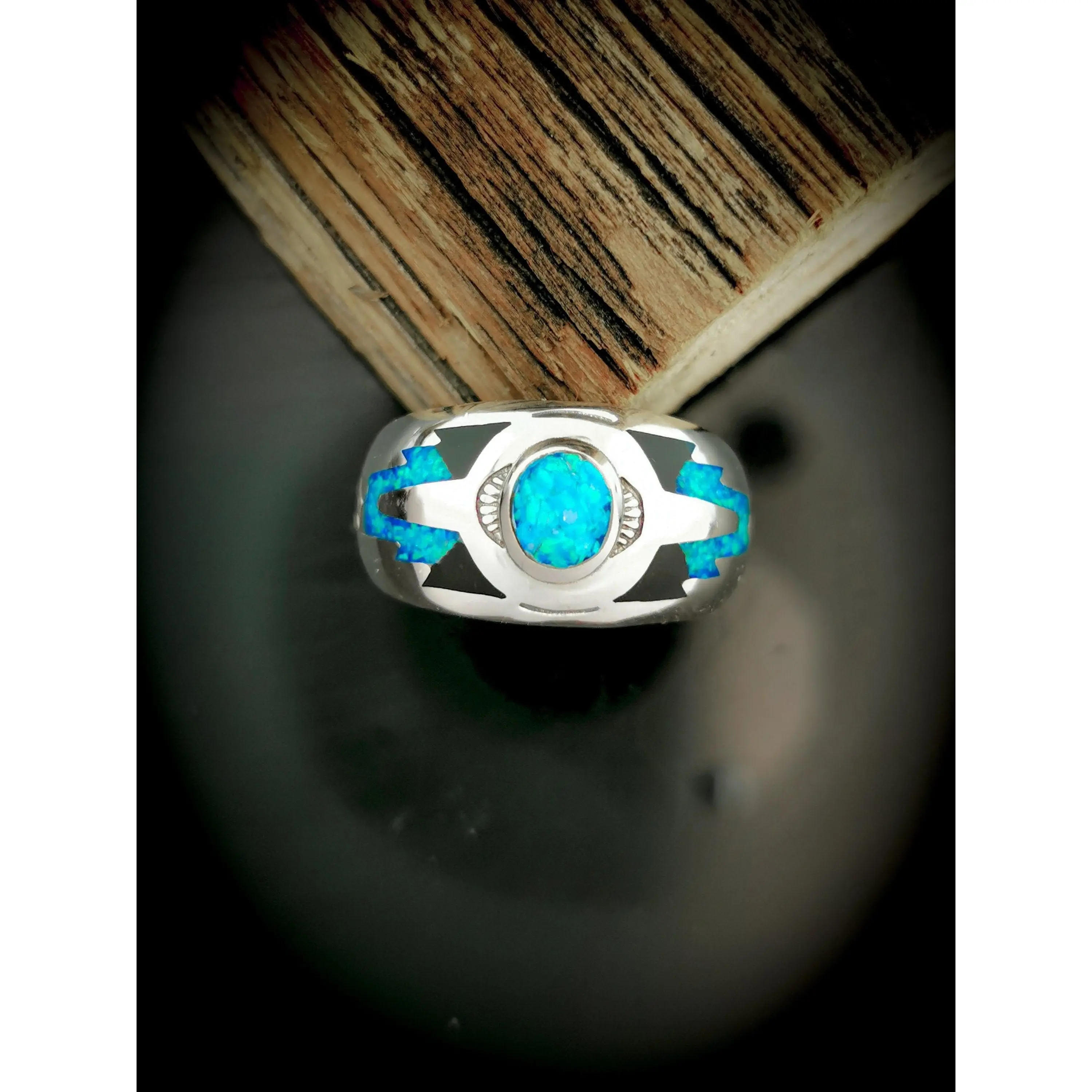 Southwest Navajo Handmade Ring • Native American 925 Sterling Silver • Blue Opal with Black Resin