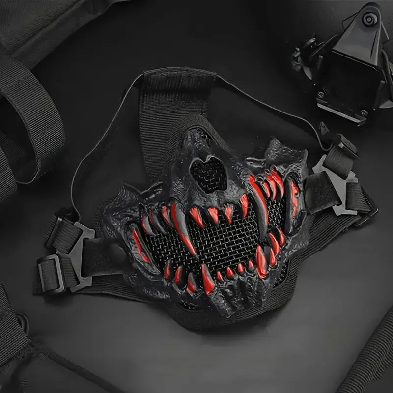 Men's Red and White Plastic Fang Teeth Half-Face Breathable Tactical Cyberpunk Cool Mask - Adult Cosplay Photo Prop, Halloween Accessory, Toys & Hobbies Collectible Gift, Cyberpunk Mask, Men's Stuff, Face Mask