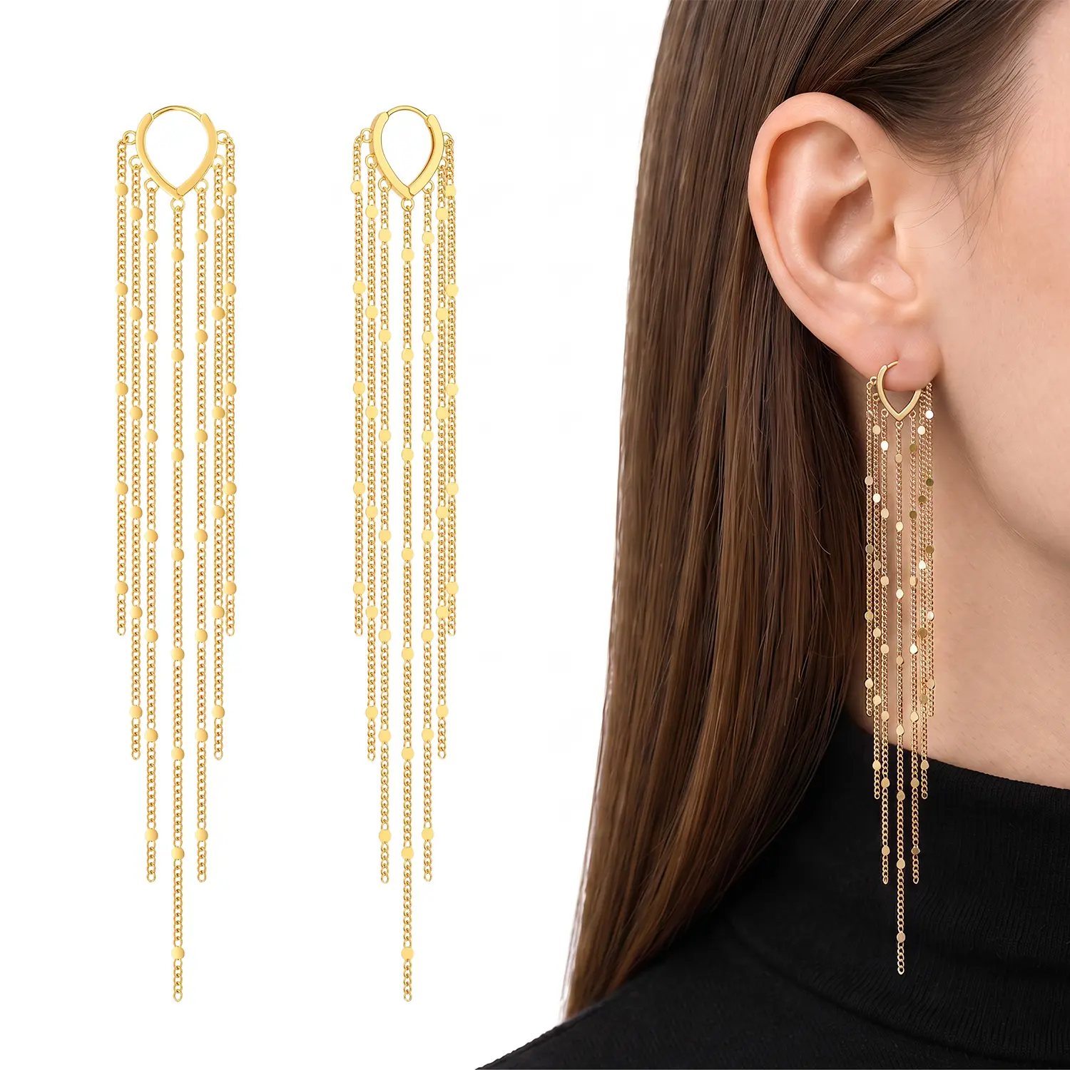 14K Gold Plated Long Tassel Earrings for Women, Chain Threader Dangle Earrings, Hypoallergenic Trendy Jewelry for Wedding, Party, Prom & Mother's Day Gift