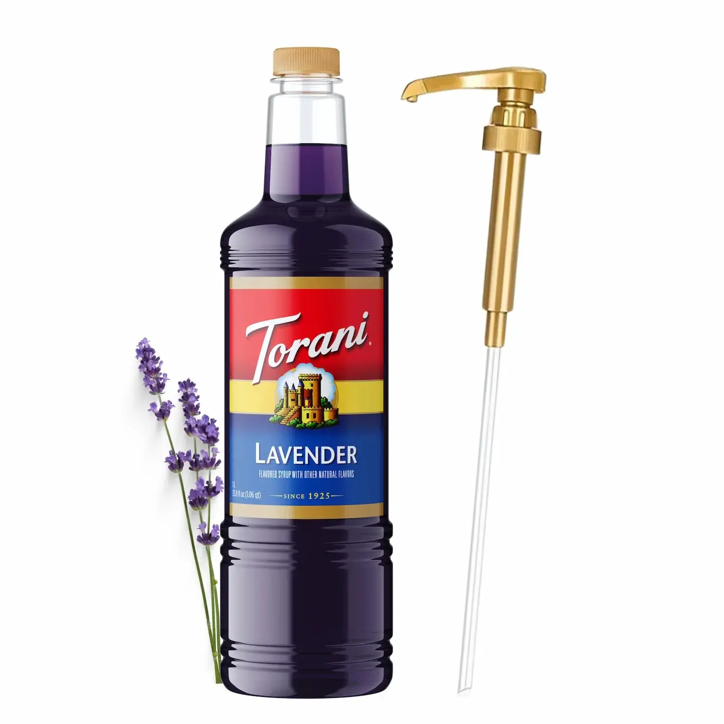 Torani Lavender Syrup - 1L Bottle with Pump, Premium Sweet Floral Drink Flavoring, Pure Cane Sugar & Natural Ingredients for Coffee, Cocktails, Beverages