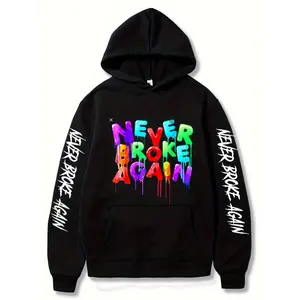 Men's Spring And Autumn NEVER BROKE AGAIN Print Hooded Long Sleeve Sweatshirt With A Kangaroo Pocket, Chic And Stylish Hoodie For Street Leisurewear