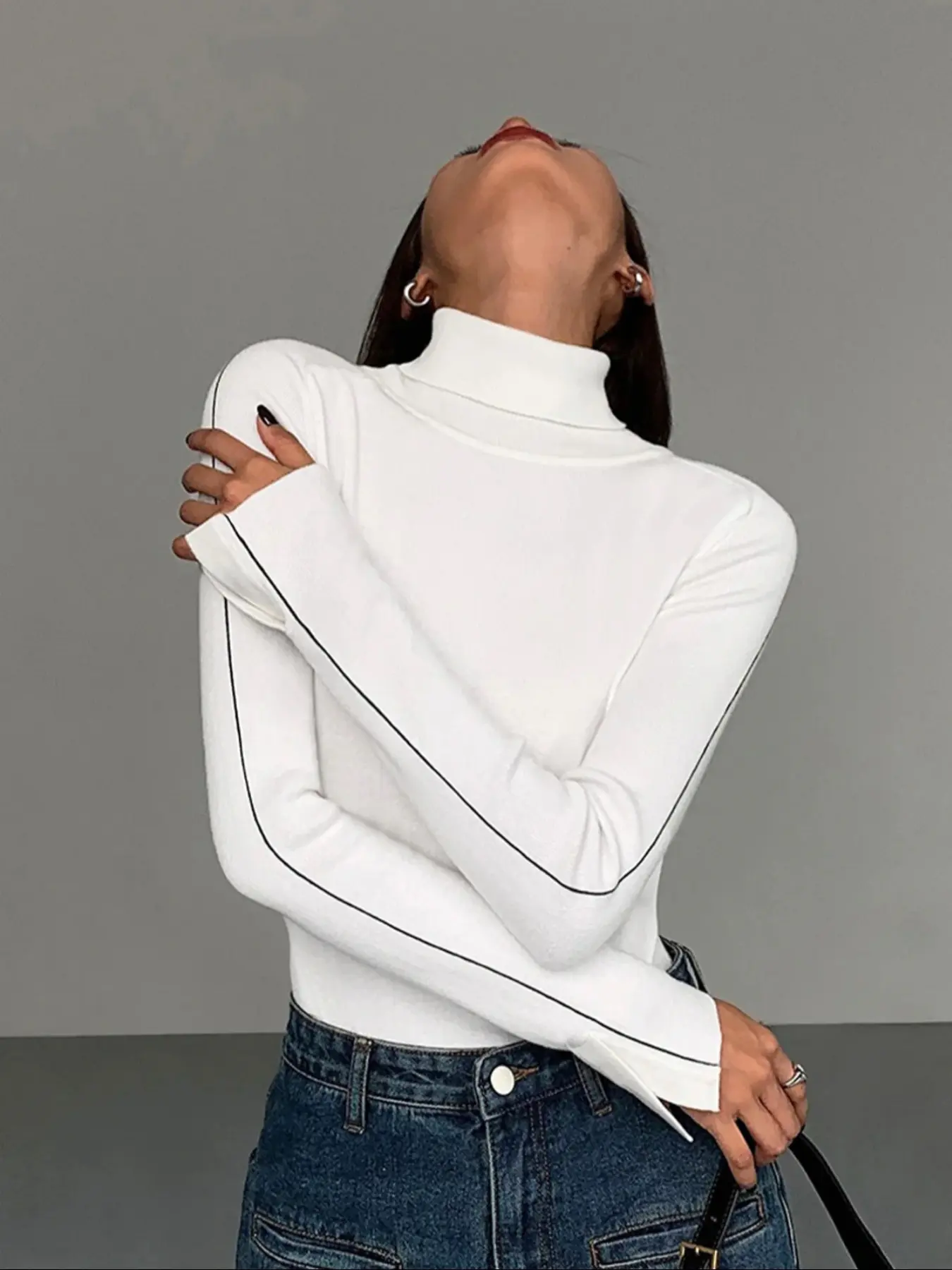 Autumn Winter New Women's High Neck Knit Sweater, Slim Fit Long Sleeve Split Design, Elegant Casual Fashion Top for Ladies, Knitwear Womenswear Knitting