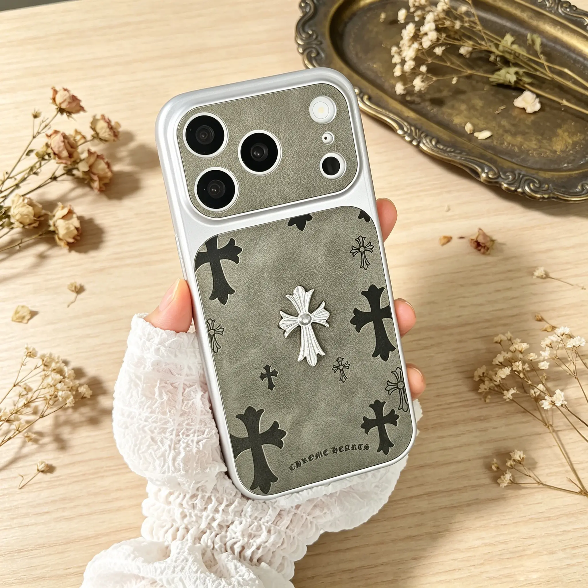Chrome Hearts Cross Phone Case for iPhone 17 Pro Max - Vintage Leather Texture, Large Window Camera Protection, Luxury 3D Silver Metal Cross, Shockproof Soft Bumper