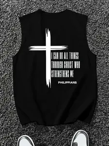 1Pc Men's Cross Graphic Muscle Tank Top Minimalist Christian Sleeveless Shirt Casual Breathable Vest for Streetwear & Church