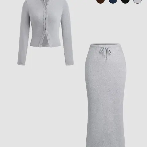 Women's Slim-Fit Long Sleeve Knitted T-Shirt Set, Elegant A-Line Skirt, Spring & Fall Fashion, Basic Style, Moderate Fabric Outfit, Skirt And Top Set