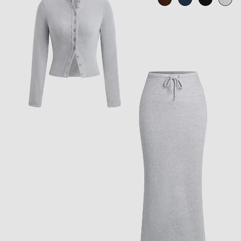 Women's Slim-Fit Long Sleeve Knitted T-Shirt Set, Elegant A-Line Skirt, Spring & Fall Fashion, Basic Style, Moderate Fabric Outfit, Skirt And Top Set