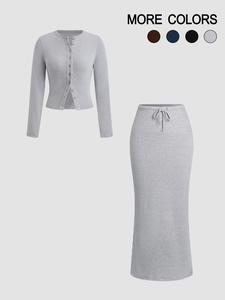 women's solid button front crop top & drawstring skirt two-piece set, casual long sleeve round neck top & long skirt for spring & fall, women's clothes for daily wear