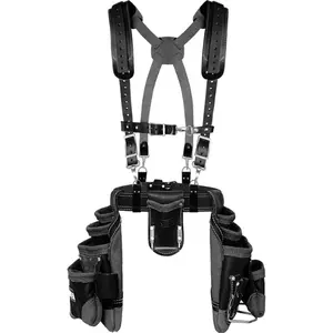 FUERI 16 Pocket Leather Tool Belt with Suspenders,Comes with Padded Belt, Big Pouches, Hammer Holder,Suspender loops and Leather Suspender, Ideal for Construction Workers, Carpenters and Electrician.