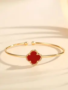 Trendy Four-Leaf Clover C-Shaped Copper Plated Open Circle Lucky Bracelet, Trendy Bangle, Dual-Sided Shell Design Hand Accessory, All Season Wear