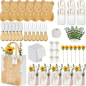 6 Sets/36 Pack Bear Shaped Bamboo Cheese Board Gift Sets, Bridal Shower Game Prizes with Cheese Knives Forks, Kitchen Towels, Bags, Thank You Tags&Artificial Flowers, Bulk Party Favors for Guests, Perfect for Halloween Christmas Wedding Housewarming