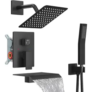 Shower System with Tub Spout,Bathtub Shower Faucet Set with Square Rainfall  and Handheld Sprayer Wall Mount Tub Faucet Set with Valve and Trim Kit,8 Inch Matte Black