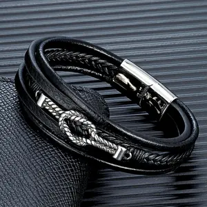 High Quality Braided Leather Bracelet Men Stainless Steel Magnet Buckle Infinity Knot Leather Bracelet For Men Jewelry