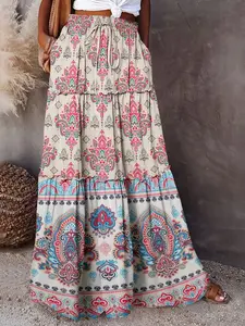 Boho Paisley Print Cake Dress High Waist Drawstring Pockets Vacation Style Long Skirt, Women's Casual Summer Fashion