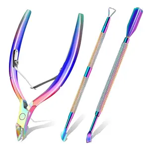 Colored Cuticle Trimmer Set with Pusher & Scissors – Stainless Steel Nipper, Clipper, Cutter for Manicure & Pedicure Tools