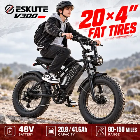 ESKUTE V300 Electric Bike for Adults, 749W Motor, 48V 41.6Ah Dual Batteries, Full Suspension, 20" x 4" Fat Tires, NFC Start, Christmas Gift