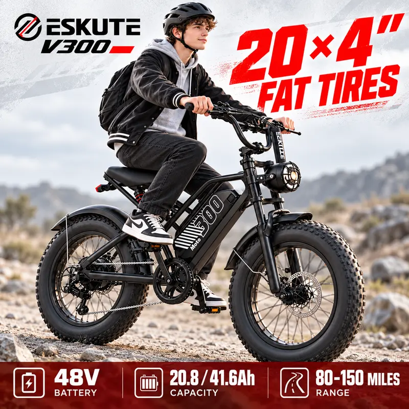 ESKUTE V300 Electric Bike for Adults, 749W Motor, 48V 41.6Ah Dual Batteries, Full Suspension, 20" x 4" Fat Tires, NFC Start, Christmas Gift