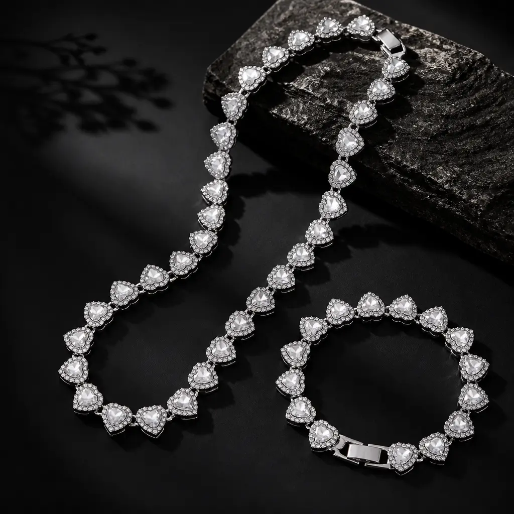 Hip Hop Style Choker Set, 2pcs Set Heart Shaped Cuban Chain Necklace Set for &, Miami Cuban Link Chain, Chunky Statement Necklace, Luxurious Jewelry Set for Valentine's Day Gifts, Birthday, Everyday & Party Wear, Y2K Streetwear Jewelry,