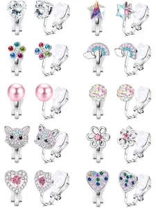 10Pairs Clip on Earrings for Women Girls Colorful Crystal Non-Piercied Earrings Cute Flower Heart Butterfly Pearl Clip-on Earrings Over 3 Years Old Heart Shaped Earrings