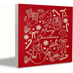 Red Merry Christmas Wooden Box Sign, Red Christmas Table Decor, Coquette Xmas Snowman Gingerbread Snowflake Wood Box Block Sign for Home Office Desk Tabletop Shelf Decoration 5x5 Inch