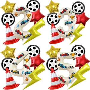 9-Piece Racing Balloon Party Decoration Set, 32-Inch Number Balloons with Theme Stickers, Tire Balloons, & Stars Design, Balloon Party Supplies