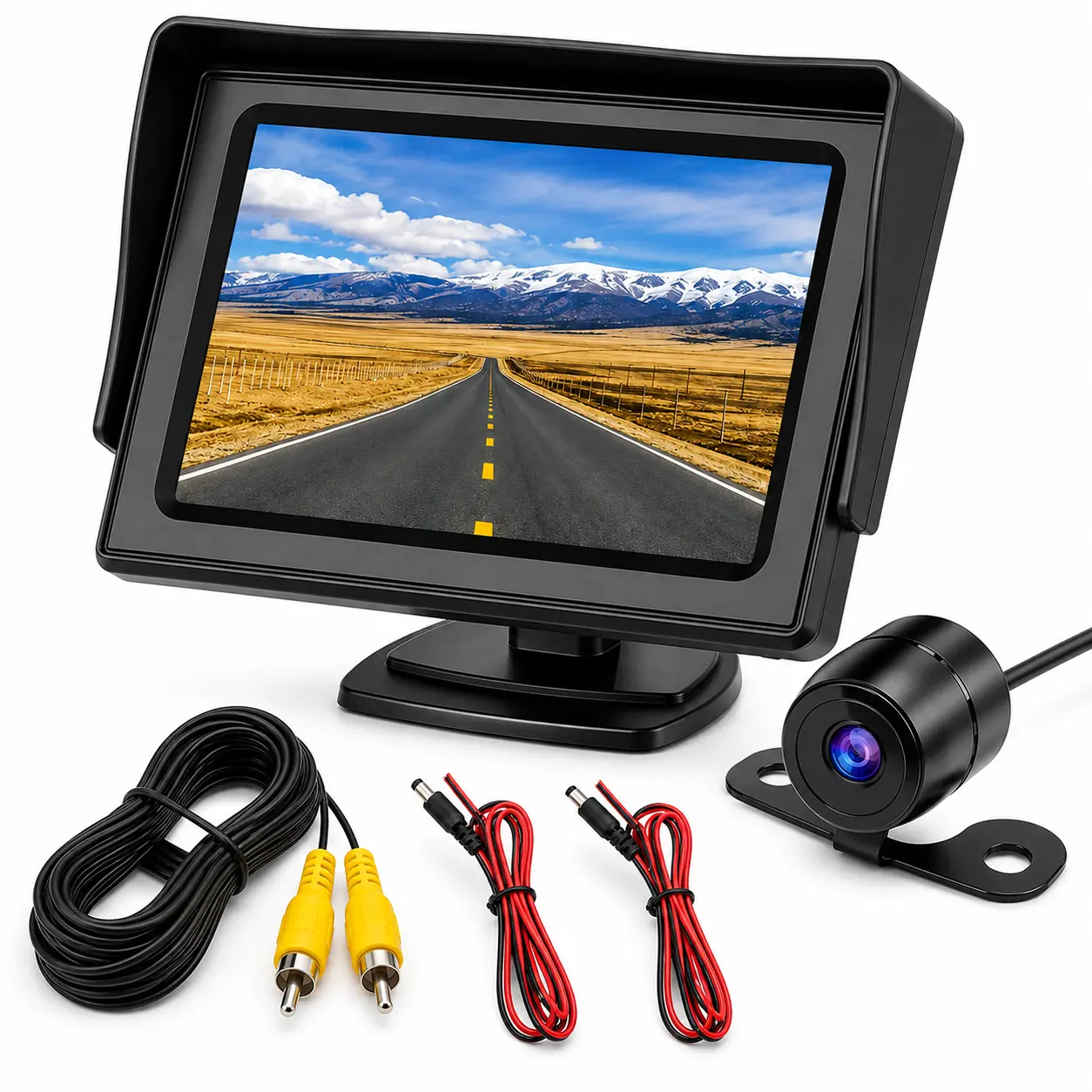 4.3 Inch Backup Camera Monitor Kit, Wired Rear View Camera System with Sunshade Display, Video Cable and Power Cords, Parking Assist Camera for Cars, SUVs, Pickups, Vans and RVs