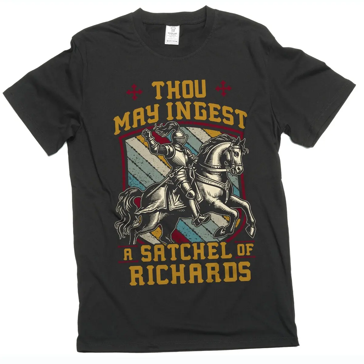 Men's Graphic T-Shirt with "Satchel of Richards" Sarcastic Old English Print, Soft Ring-Spun Cotton Casual Short-Sleeve Tee, Shortsleeve, Menswear, Round Neck, Machine Wash, Custom Print