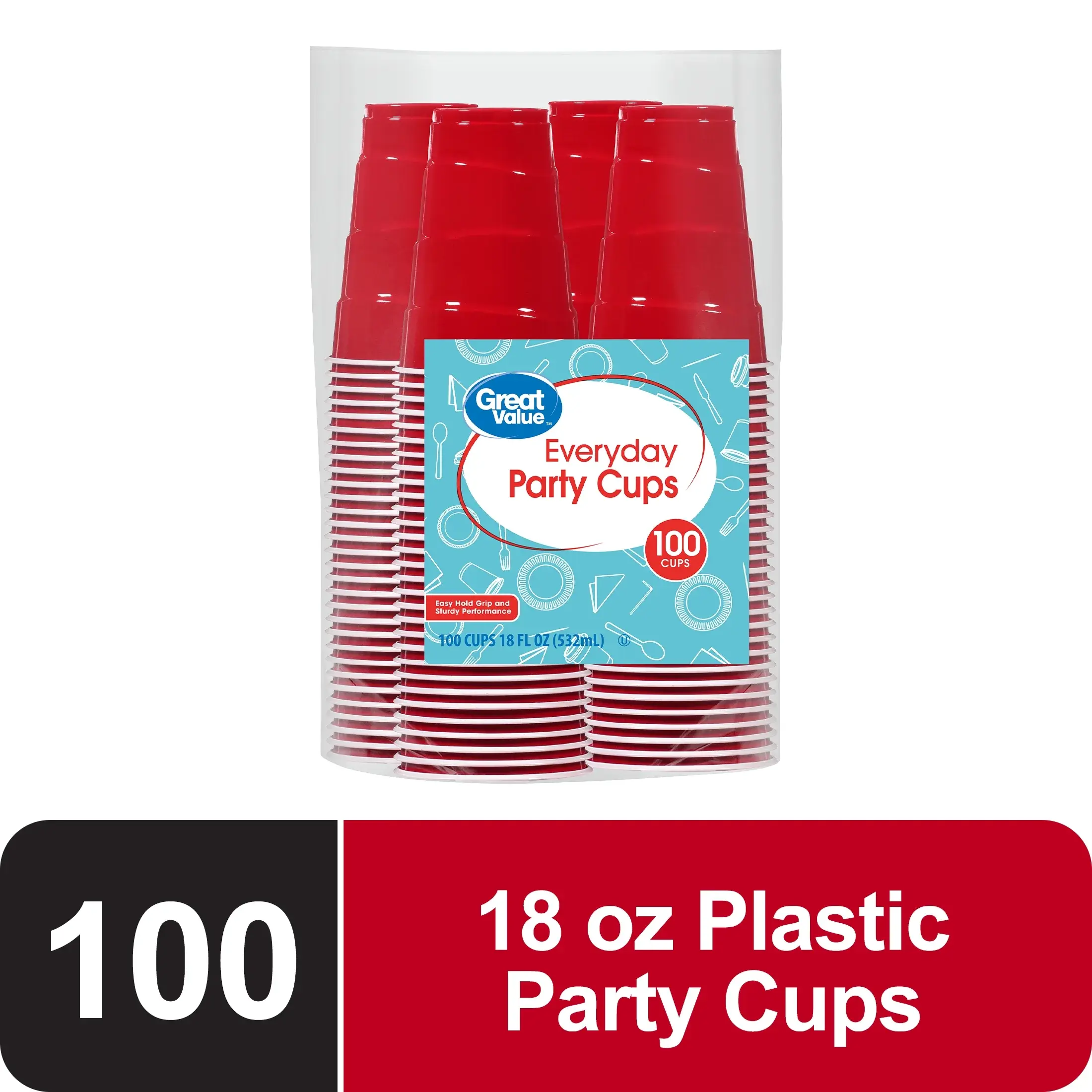 Great Value Everyday Disposable Plastic Party Cups Red 18 oz 100 Count