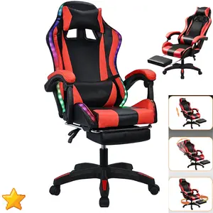Gaming Chair with Bluetooth Speakers, LED Lights, Retractable Footrest & Recliner, Height Adjustable Armrest, Faux Leather Ergonomic Gamer Chair for Home Office & Gaming Room