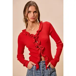 SO ME Cascade Ruffle Ribbed Sweater Cardgian