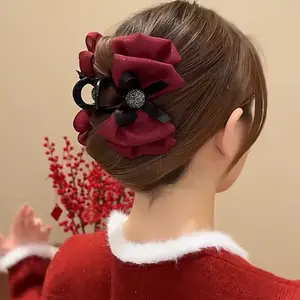 Elegant Red Bow Hair Clip for Women's Autumn Winter Hairstyles with Silver Elements and Versatile Use as Shawl Hairpin or Party Accessory