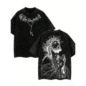 Men's washed christian graphic t-shirt (double-sided design: front "only god can judge me" script & rosary cross print; back bold jesus praying with crown of thorns art) - 100% cotton vintage washed black finish, summer streetwear menswear top,
