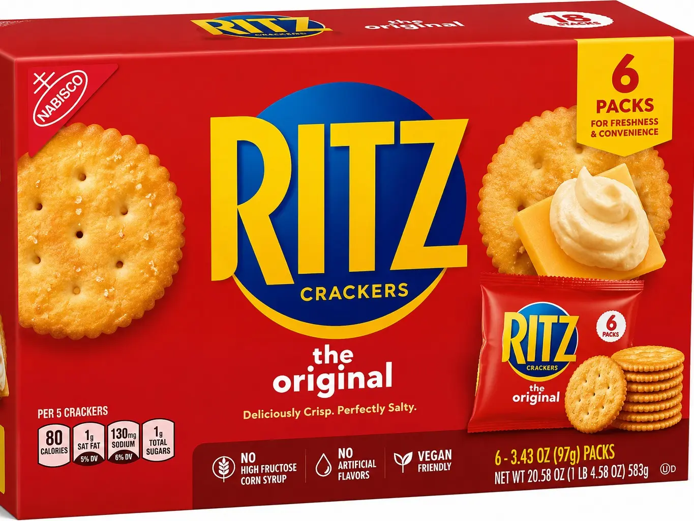RITZ Original Crackers, 3.43 oz Fresh Stacks (6-Pack) – Buttery, Crispy Snack Crackers, Individually Wrapped for Freshness & On-the-Go Snacking