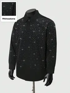 Men's Streetwear Style American Streetwear Design Rhinestone-Embellished Fitted Long-Sleeve Shirt, Autumn Collection