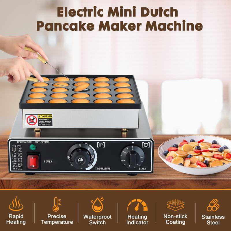 25PCS Electric Poffertjes Maker - Dutch Pancake/Dorayaki Grill | Timer & Temp Control Non-Stick for Commercial/Home Use