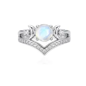 ixluck Natural Moonstone Triple Moon Goddess Ring for Women, Wicca Healing Jewelry, Ethereal Glow, Calm Emotions, Non-Tarnish Polished Gemstone Accessories, Accessories For Women, Jewelry For Women, Witchcraft Rings