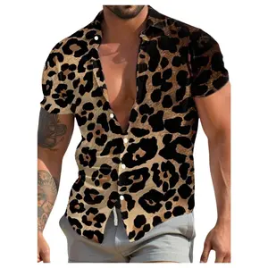 Leopard Print Button Down Shirt Short Sleeve Collar V Neck Casual Shirts