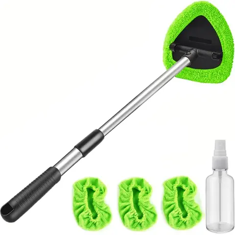 Windshield Cleaner Tool - Extendable Handle Auto Glass Wiper Kit with 4 Reusable Washable Microfiber Pads! Perfect for Car Interior & Exterior, Cleans Dirty Windows Easily. Green Wand + Cloth Pads, Must-Have Car Cleaning Brushes for Spotless Glass