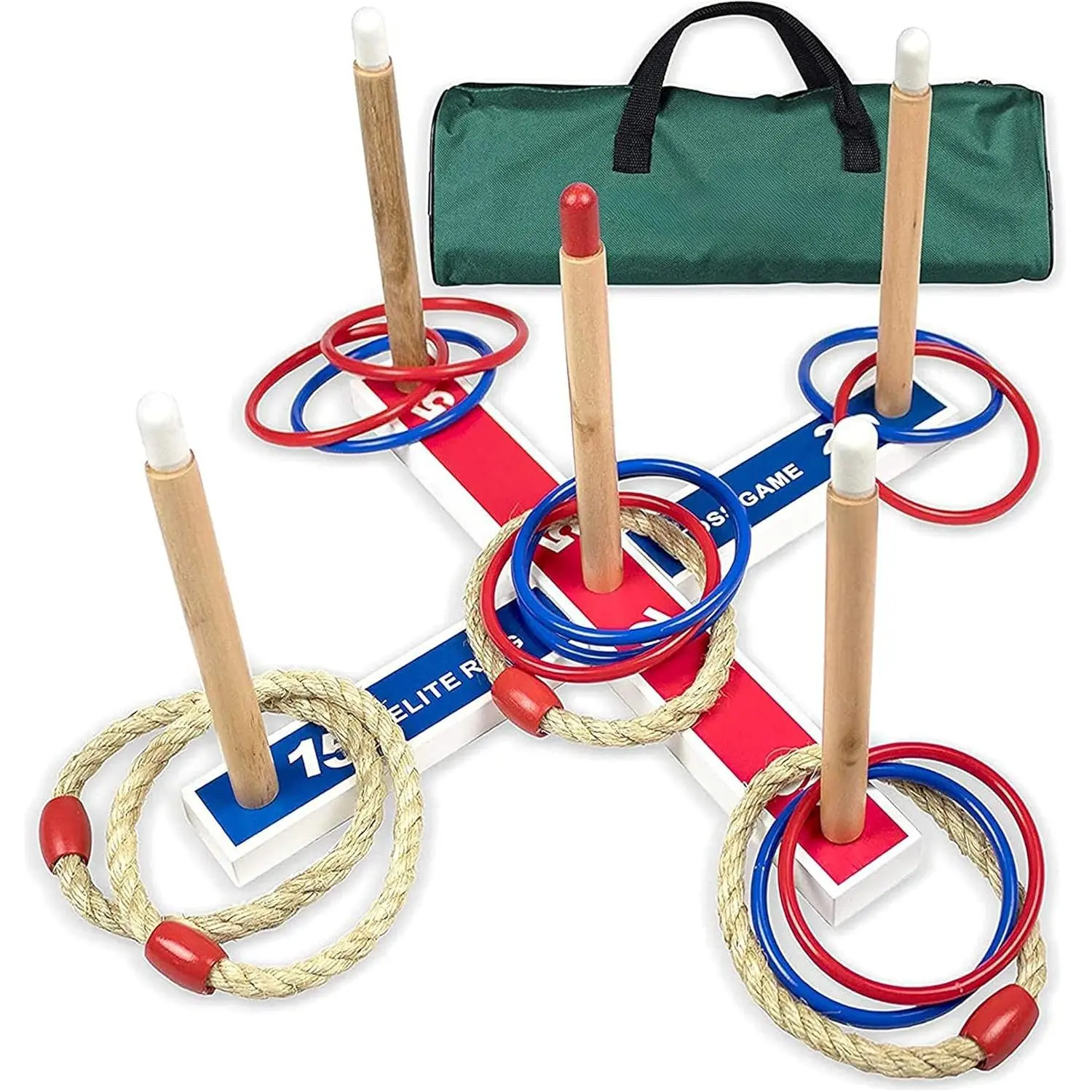 Ring Toss Game Set for Kids, Complete Outdoor Toy with 15 Plastic & Polyester Rope Rings, 5 Pegs & Base, Fun Backyard Lawn Game for Ages 4-8, Everything You Need, Kids Outdoor Play, 2-Part Standing Base, Peg Stand, Game Kit, 4-8 Years