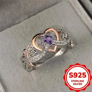 Elegant 925 Sterling Silver Infinity Heart Ring with Purple Synthetic Zirconia, Engagement Wedding Band, Daily & Special Occasion Jewelry, All Seasons Compatible (1 piece)
