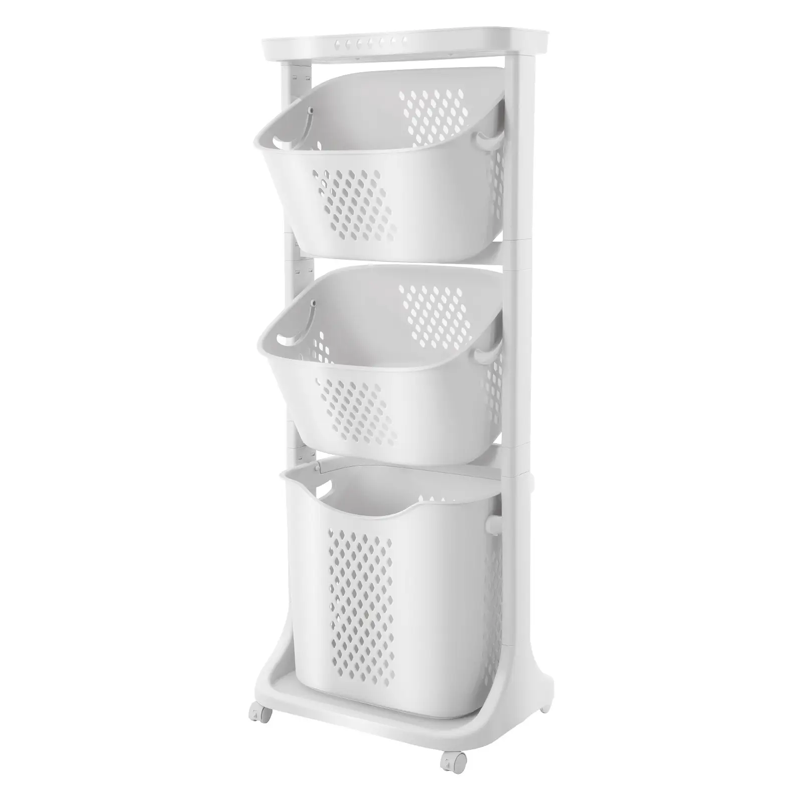 3-Tier PP Plastic Laundry Basket Sorter, Freestanding Organizer Rack with Smooth-Moving Wheels, 10kg Capacity Slim Rolling Utility Cart, Simple Steps Quick Setup for Bathroom, Living Room Use