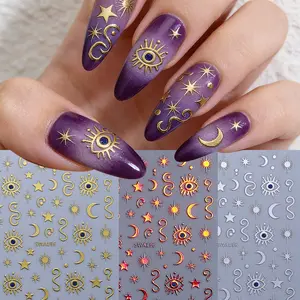 Boho Nail Art Stickers Gold Silver Color Laser Eye Moon Star Design DIY Nail Decals Manicure Decorations Retro Vintage Accessories