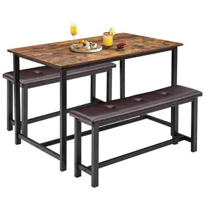 Rustic Brown 3-Piece Farmhouse Table Set, Rectangular Sturdy Waterproof Space-Saver Dining Table for 4 with 2 Upholstered Benches, Furniture for Apartment, Studio