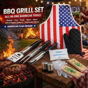 2026 Ready!  Patriotic American Flag BBQ Grill Set - All-in-One Barbecue Tools with Apron & Gloves - Perfect for Soccer Viewing Parties & Tailgating!