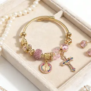 Gold Plated Adjustable Charm Bangle with Pink Crystal Beads, Multicolor CZ Cross Pendant & Virgin Mary Medallion, Y2K Sweet Cool Religious Jewelry Gift for Women and Girls