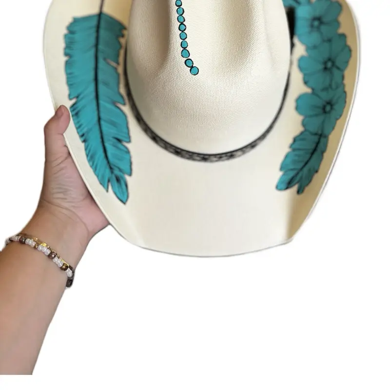 Cream Western Hat with Turquoise Feather & Floral Accents
