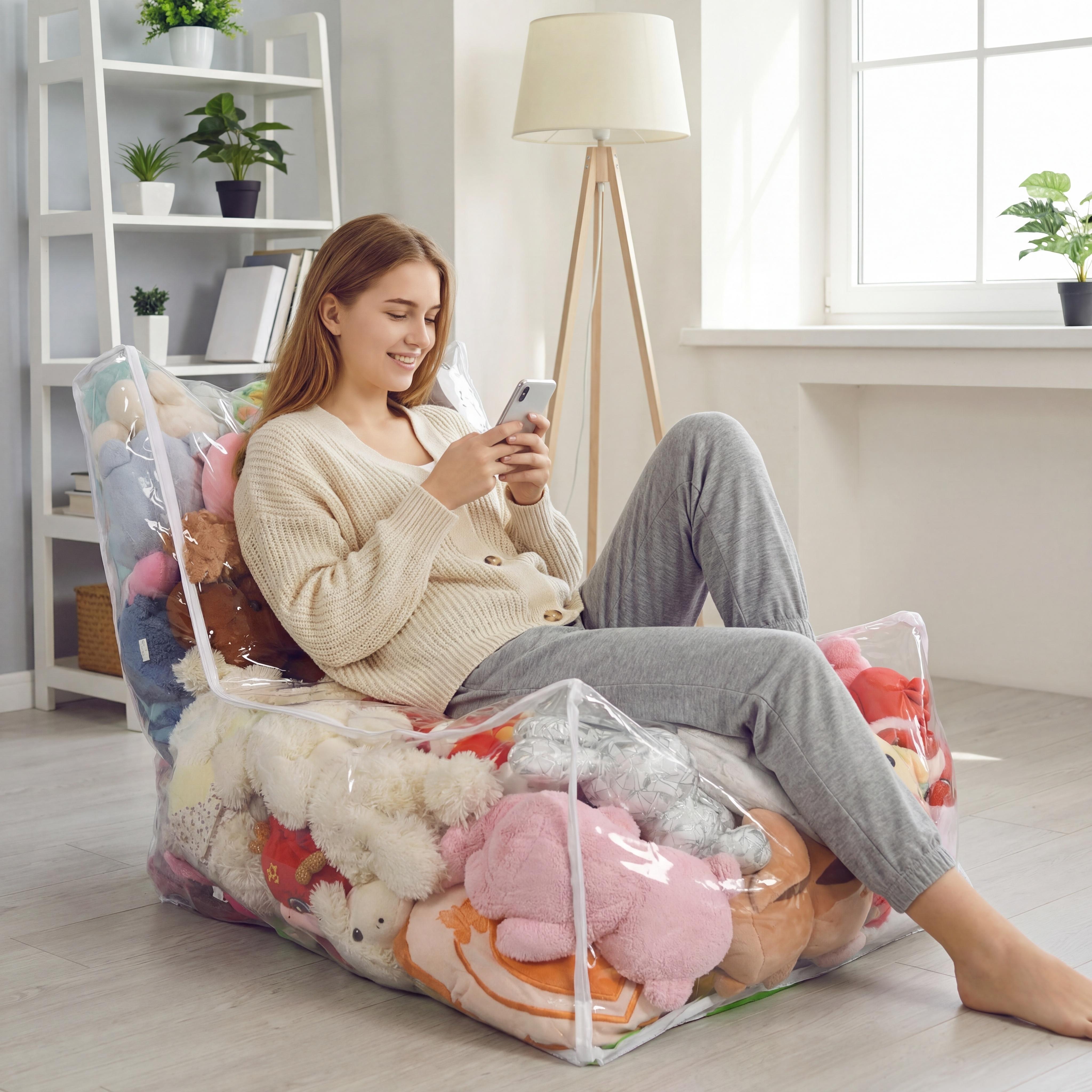 Clear Kids Recliner Sofa, Convertible Lounge Chair for Boys and Girls, See-Through TPU Shell & Waterproof Oxford Cloth, Stuffed  Storage Chair (Shell Only, Toys Not Included)