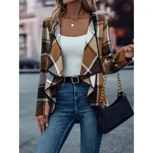 Women's Plaid Cascade Collar Asymmetrical Hem Tweed Coat, Casual Long Sleeve Jacket for Spring & Fall, Perfect for Daily Wear and Office Events
