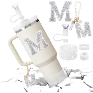 6Pcs 40oz 30oz Tumbler Cup Accessories Set - Giltter Letter Charm for Cup Handle, Silicone Straw Cover, Diamond Letter Sticker, Sparkly Silicone Boot, Spill Proof Stopper for Tumbler 40Oz 30Oz